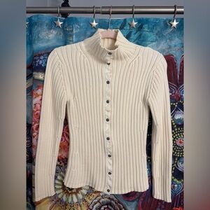 Vintage 90s Banana Republic 100% Cotton Ivory Ribbed Mock Neck Buttoned Cardigan